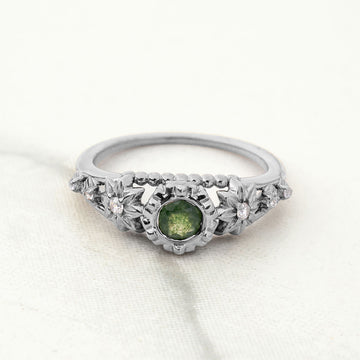 Round Cut Moss Agate Ring Flower Nature Inspired Promise Engagement Rings Rose Gold