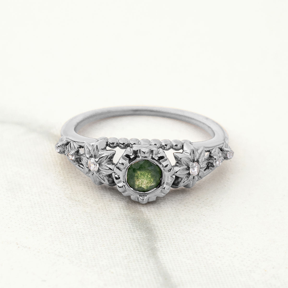 Round Cut Moss Agate Ring Flower Nature Inspired Engagement Rings Rose Gold