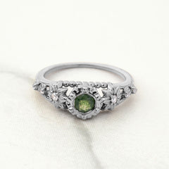 Moss Agate Promise Ring Flower Art Deco Engagement Ring