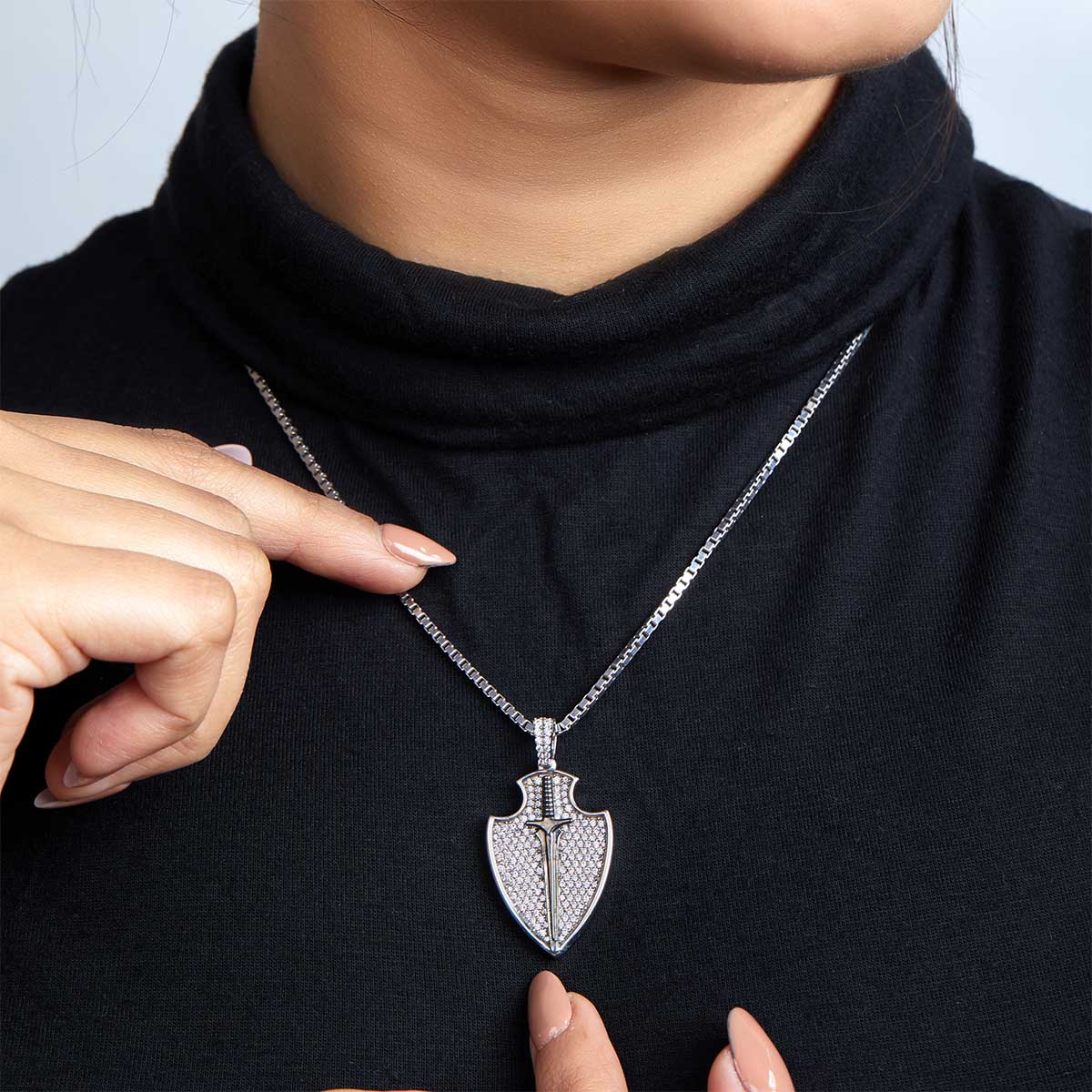 Shield with Sword Necklace Two Tone Iced Out Pendant Viking Jewelry Sterling Silver
