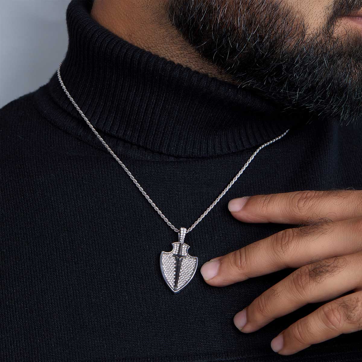 Shield with Sword Necklace Two Tone Iced Out Pendant Viking Jewelry Sterling Silver