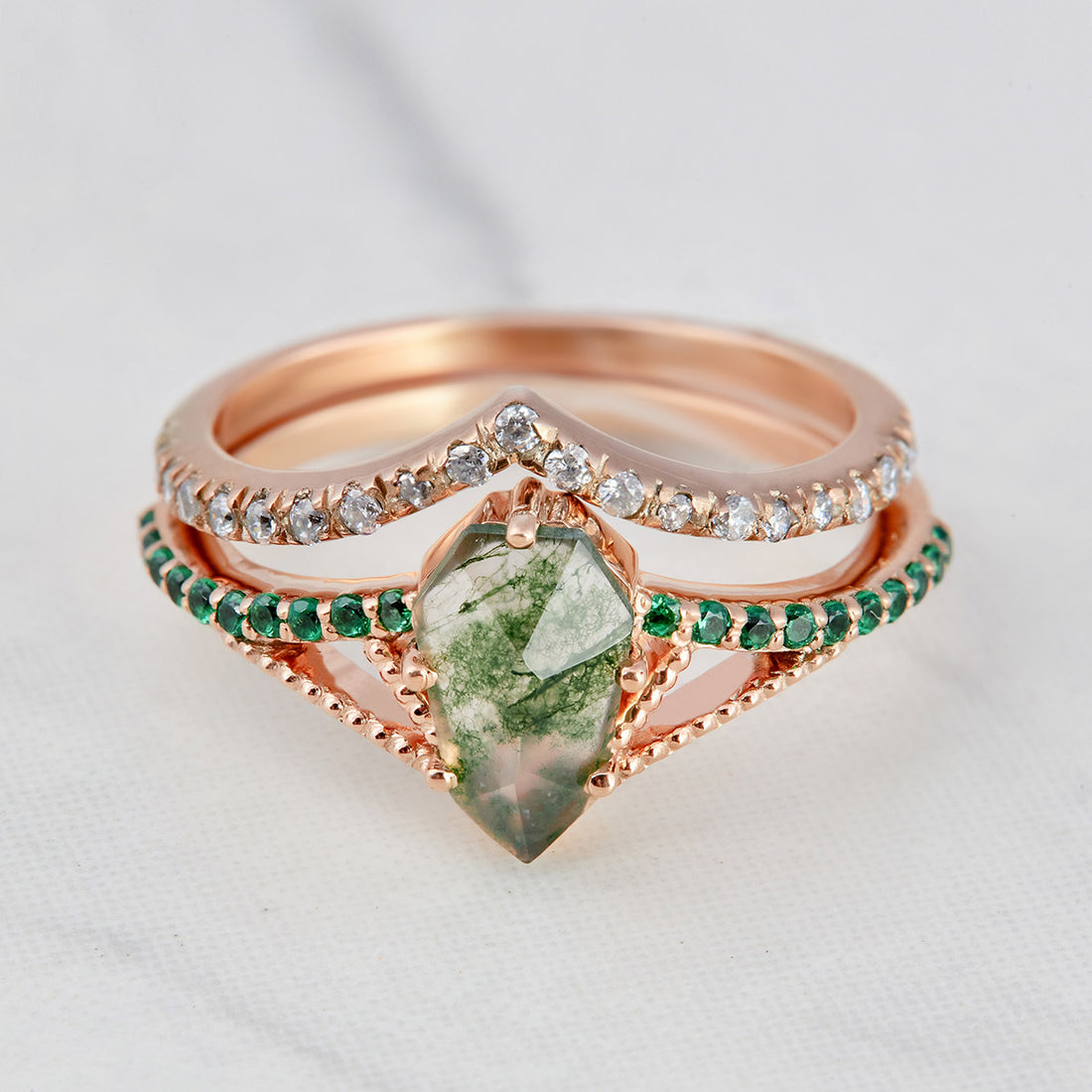 1.0CT Moss Agate Engagement Ring Set