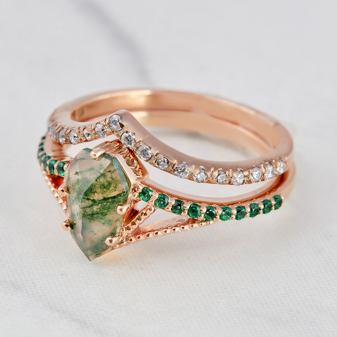 1.0CT Moss Agate Engagement Ring Set
