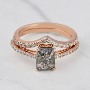 Emerald Cut Rutilated Quartz Engagement Ring with matching chevron Curved Wedding Band Bridal Set in Rose Gold