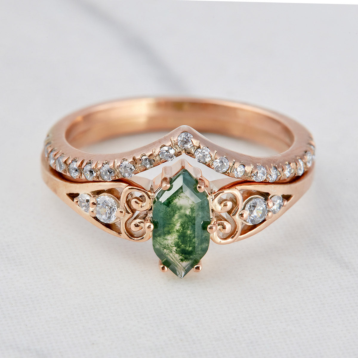 1.20CT Moss Agate Engagement Ring Set Hexagon Cut Rose Gold