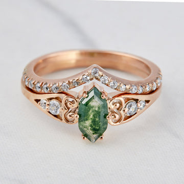 Moss agate engagement ring with matching chevron curved stacking wedding band bridal set in rose gold
