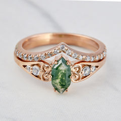 1.20CT Moss Agate Engagement Ring Set Hexagon Cut Rose Gold