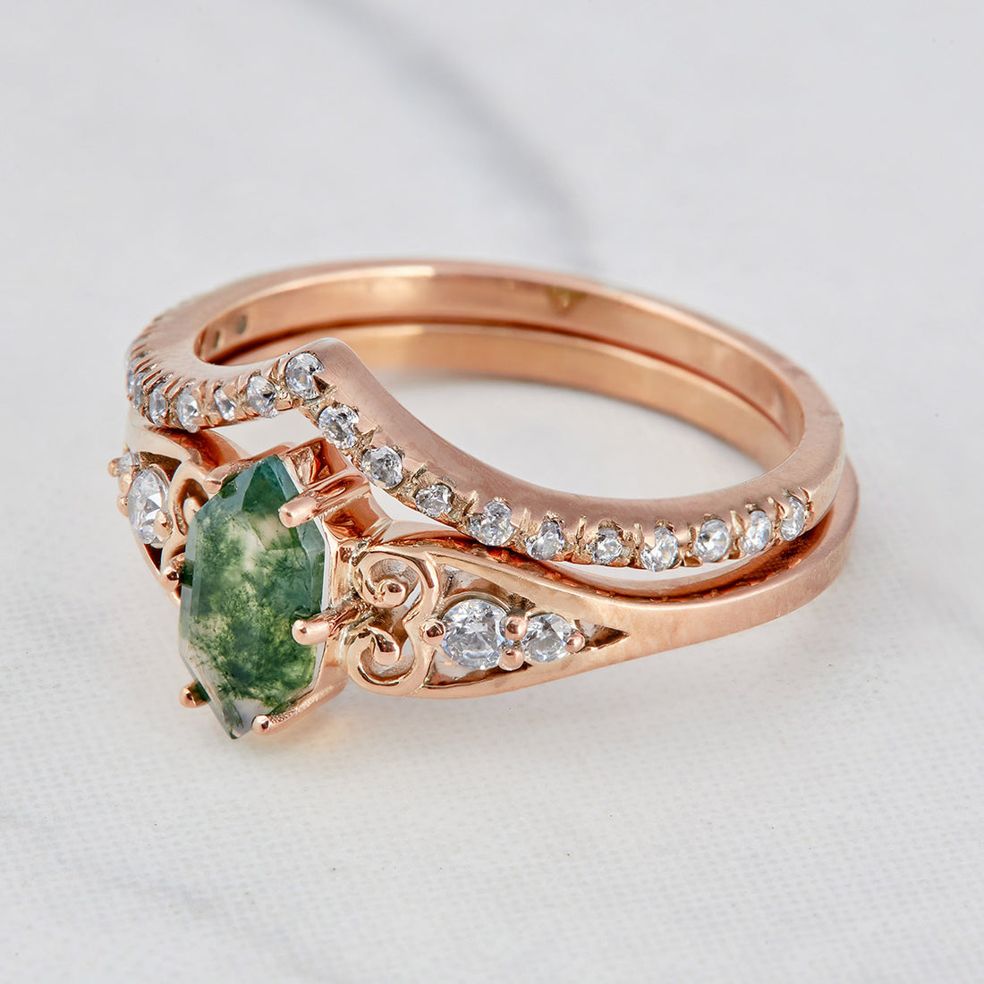 1.20CT Moss Agate Engagement Ring Set Hexagon Cut Rose Gold