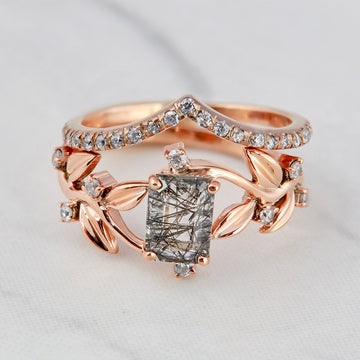 Rutilated Quartz Floral Leaf Nature Inspired Bridal Ring Set in 10k 14k Solid Rose Gold