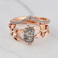 Rutilated Quartz Floral Engagement Ring Set Leaf Vine Bridal Sets