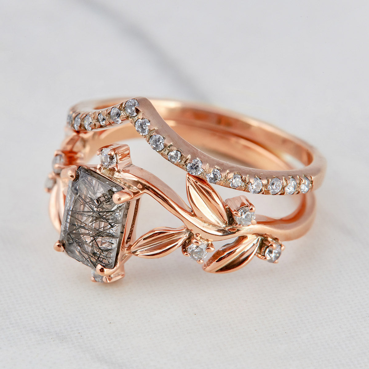 Rutilated Quartz Floral Engagement Ring Set Leaf Vine Bridal Sets