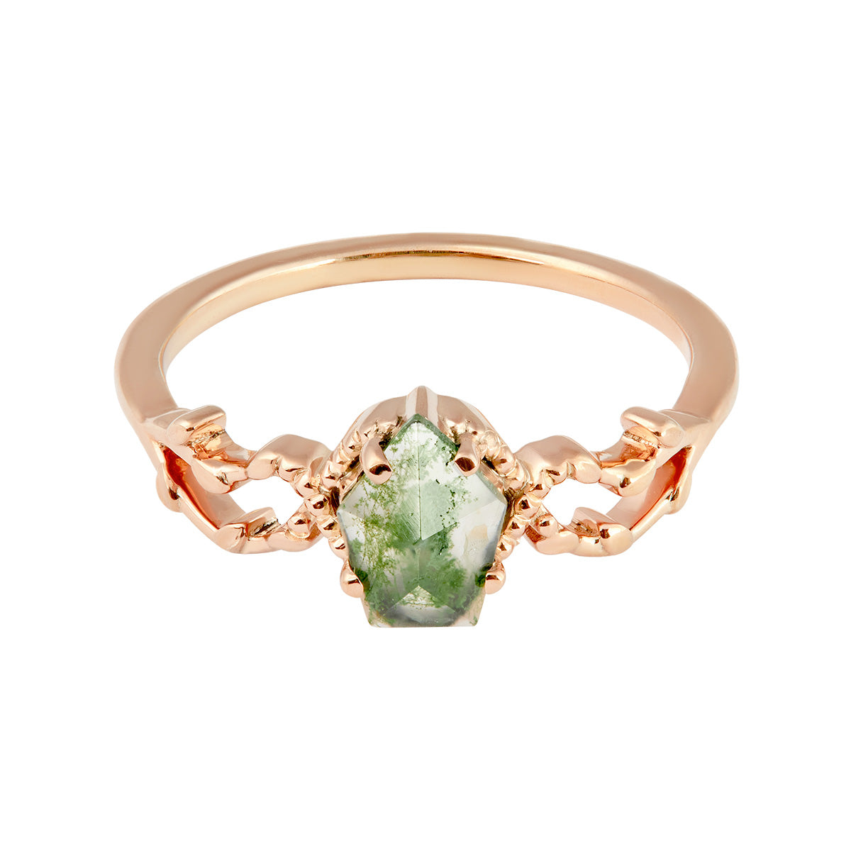 Moss agate stone with green inclusions and a twig-style band.