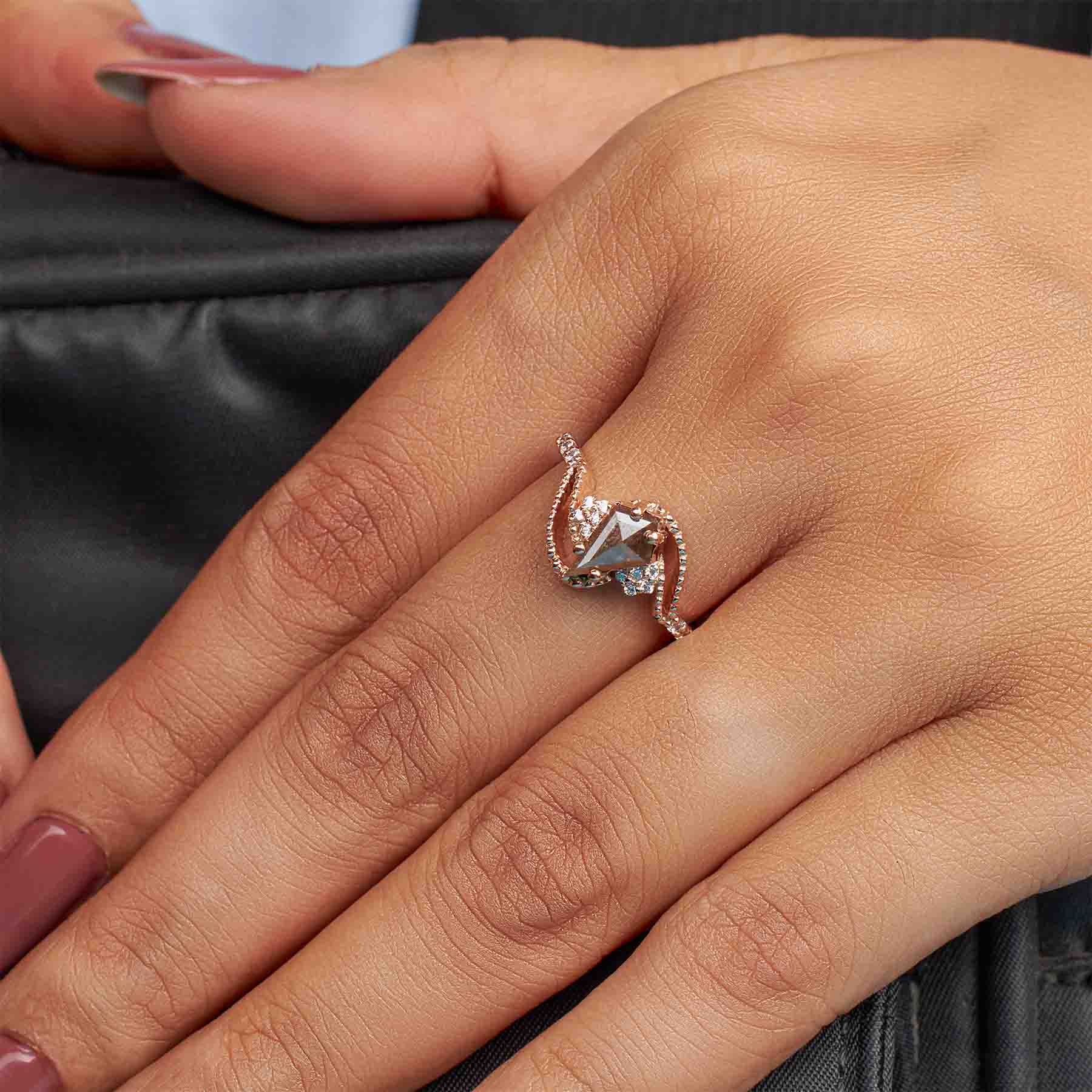 Kite Rose Cut Brown Rustic Diamond Cluster Moissanite Vintage Engagement Ring
