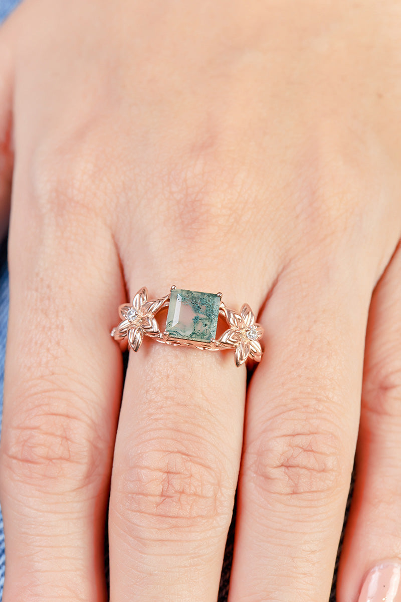 Flower Moss Agate Engagement Rings Nature Inspired Bridal Sets