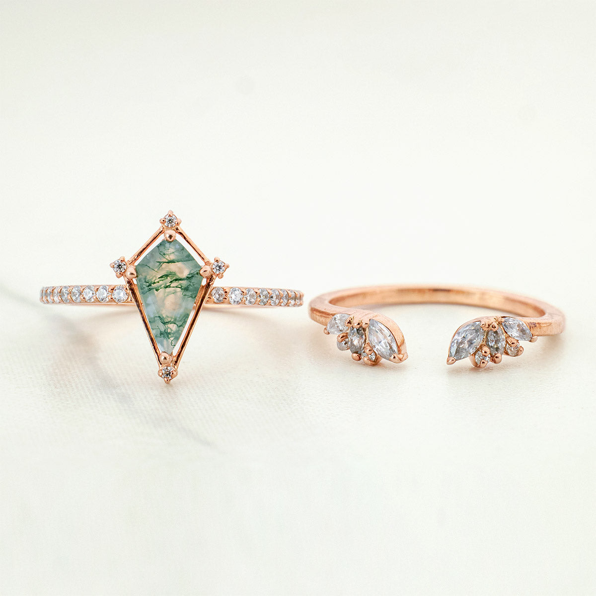 Kite Cut Moss Agate Ring Set Vintage Moissanite Wedding Band