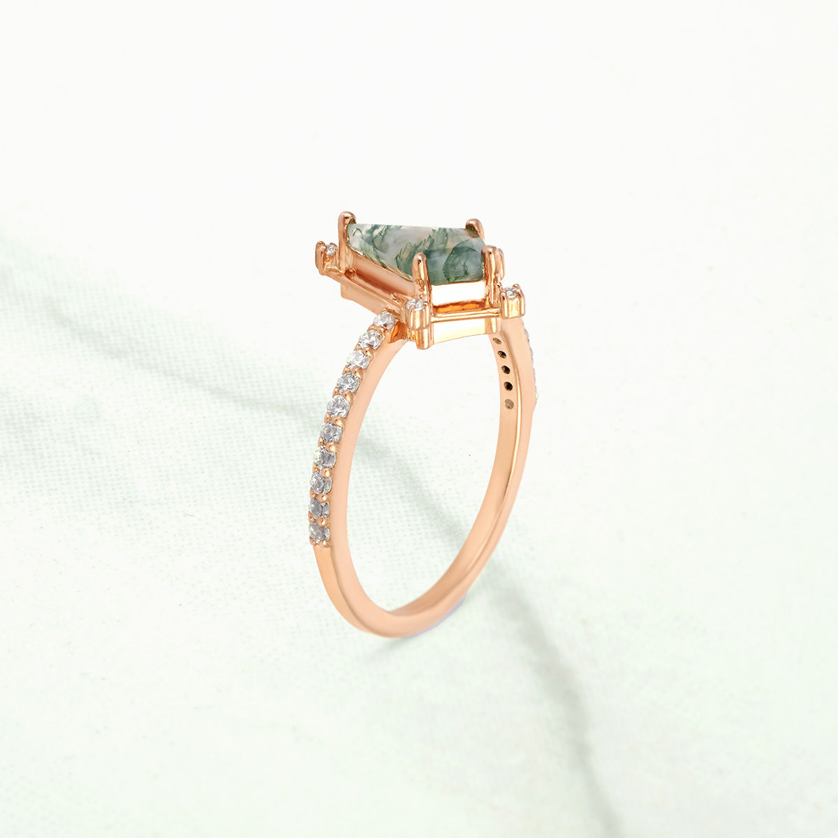 Kite Cut Moss Agate Ring Vintage Natural Gemstone Engagement Ring Rose Gold