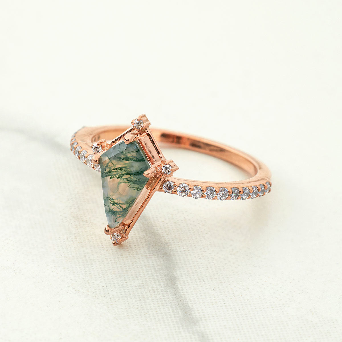Kite Cut Moss Agate Ring Set Vintage Moissanite Wedding Band