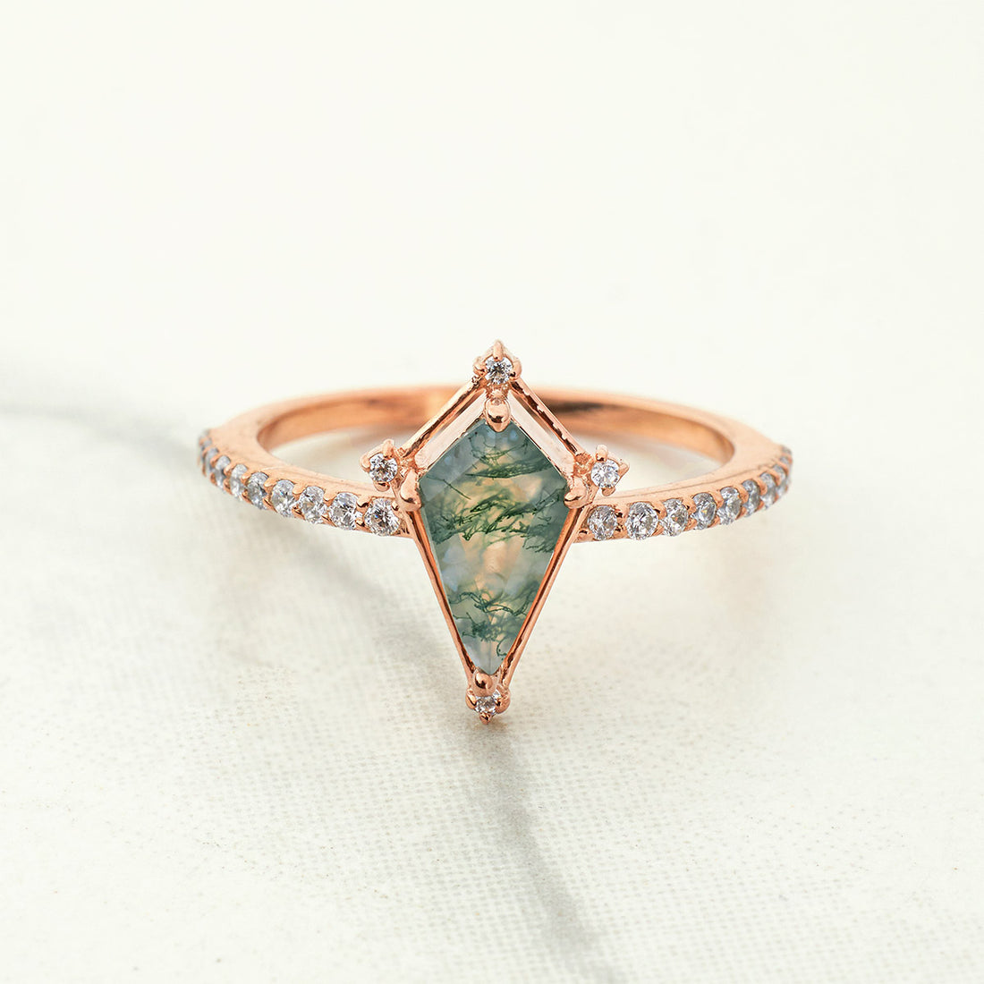 Kite Cut Moss Agate Ring Vintage Natural Gemstone Engagement Ring Rose Gold
