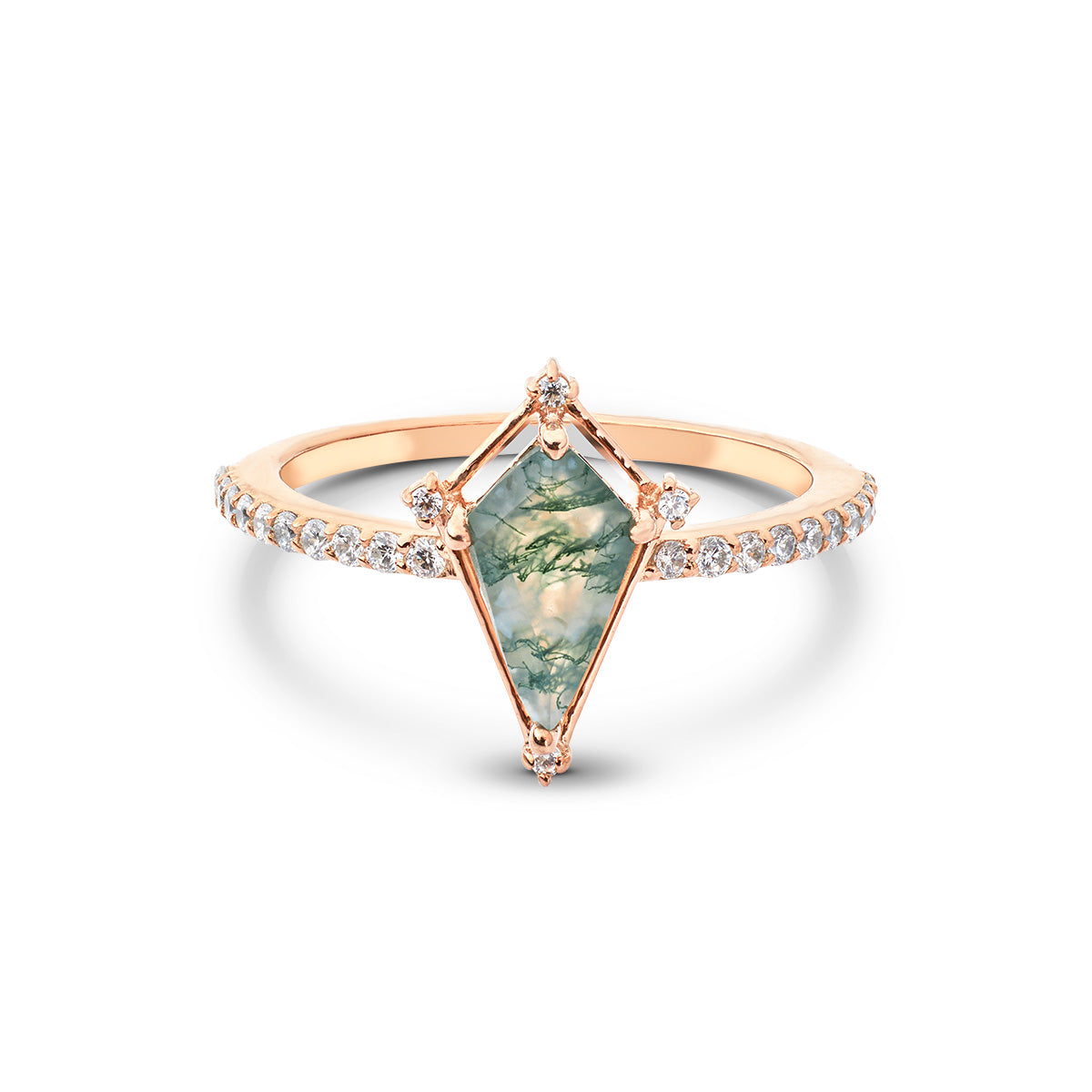 kite shaped moss agate ring with pave-set diamond accents in rose gold