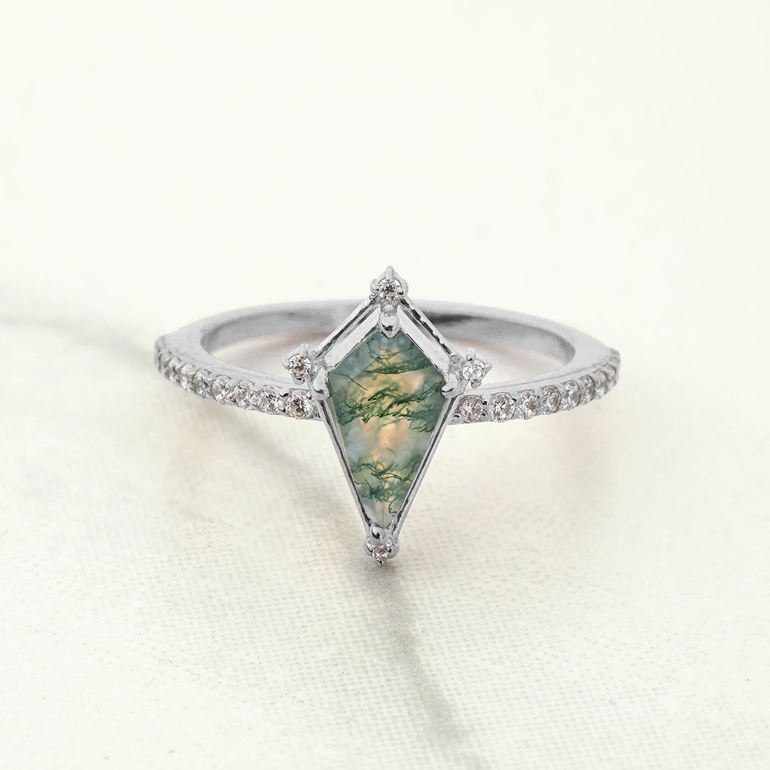 Kite Cut Moss Agate Ring Vintage Natural Gemstone Engagement Ring Rose Gold