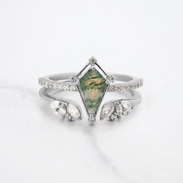 Kite Cut Moss Agate Bridal Ring Set Open Vintage Wedding Band