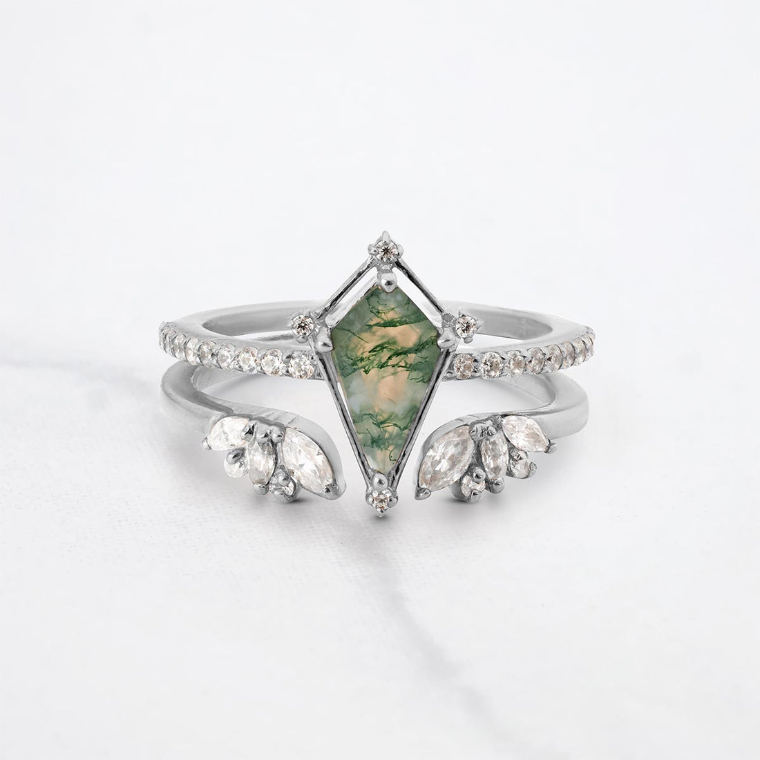 Kite Cut Moss Agate Ring Set Vintage Moissanite Wedding Band
