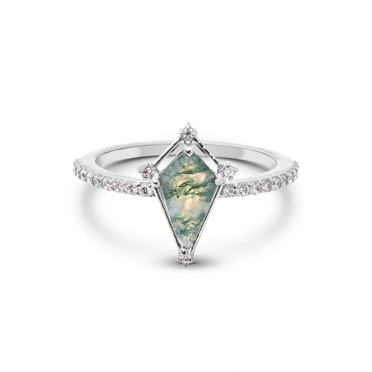 kite shaped moss agate statement ring with pavé-set diamond accents in sterling silver or  white gold