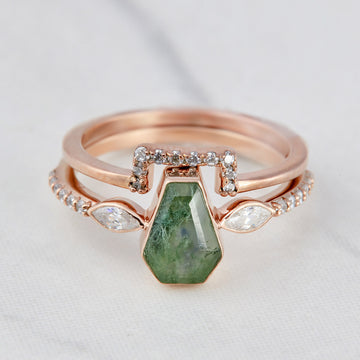 Coffin Moss Agate Wedding Ring Set