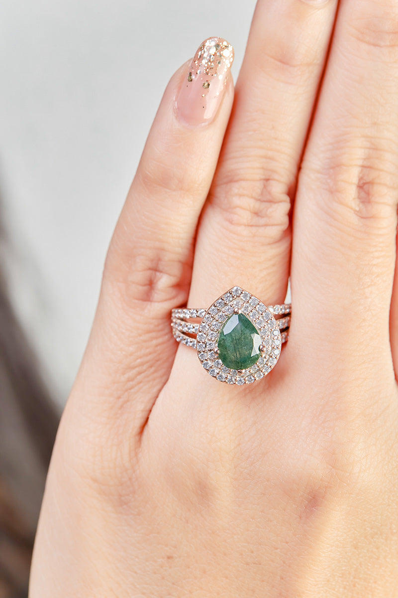 Pear Moss Agate Engagement Ring