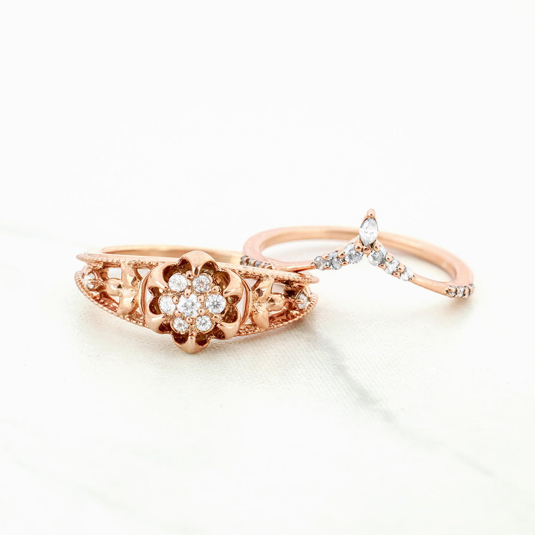 Blossom Flower Ring Set Rose Gold Nature Inspired Bridal Rings