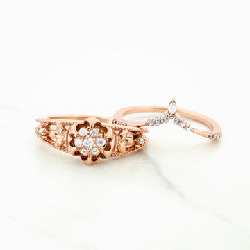 Blossom Flower Ring Set Rose Gold Nature Inspired Bridal Rings