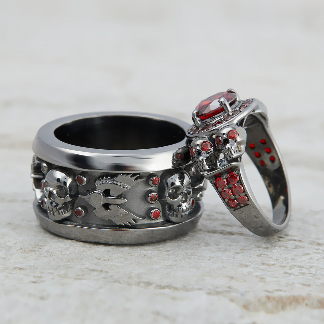 Halo Skull Engagement Ring Set