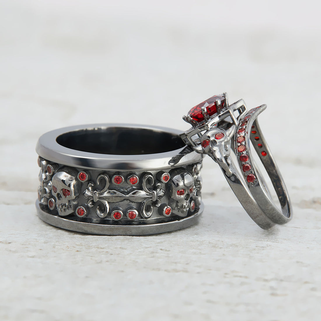 Red Garnet Skull Ring Set His and Her
