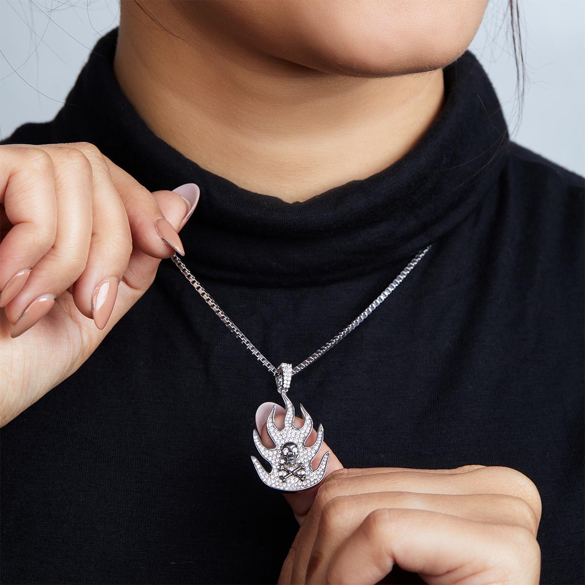 Two Tone Flaming Skull Necklace Diamond Iced Out Gothic Pendant Sterling Silver