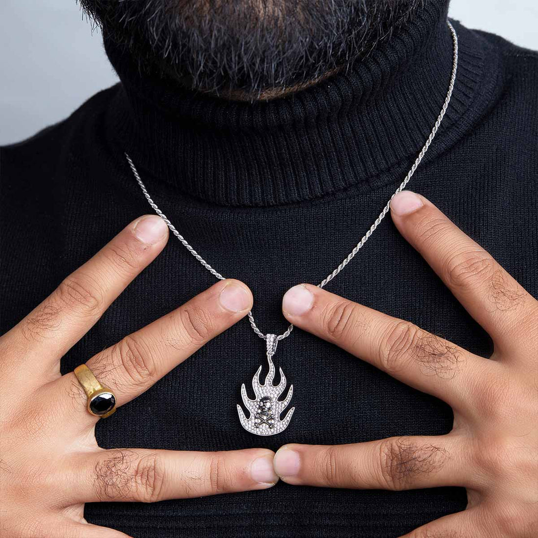 Two Tone Flaming Skull Necklace Diamond Iced Out Gothic Pendant Sterling Silver
