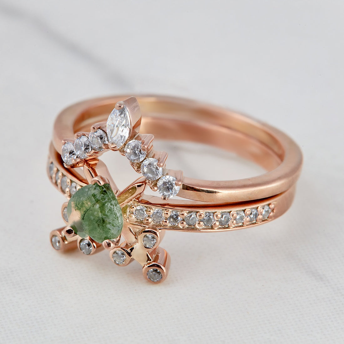 Heart Cut Moss Agate Ring Set Sword and Heart Engagement Ring