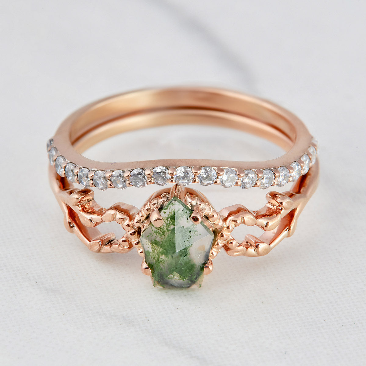 0.65CT Moss Agate Engagement Ring Set Shield Rose Cut Floral