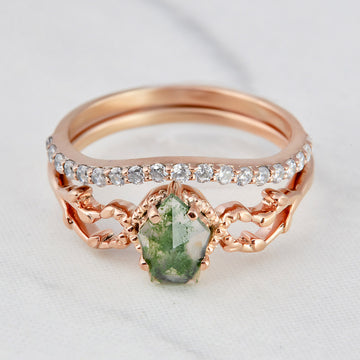 Vintage Style Rose Cut Moss Agate Engagement Ring Matching Wedding Band Bridal Set in Solid 10k r 14k Gold