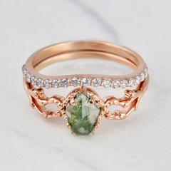 0.65CT Moss Agate Engagement Ring Set Shield Rose Cut Floral