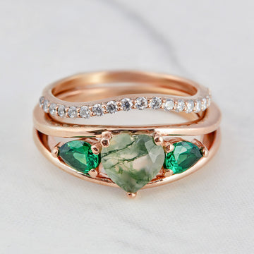 Moss Agate Promise Ring Set