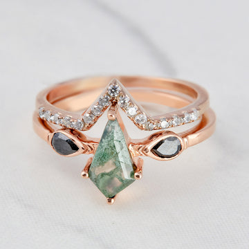 Kite Cut Moss Agate 3 Stone Bridal Ring Set in Solid 10k or 14k Rose Gold