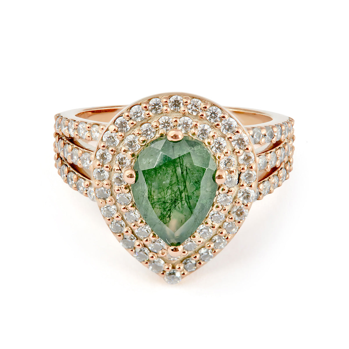 Pear-shaped moss agate ring with a double diamond halo and triple band.