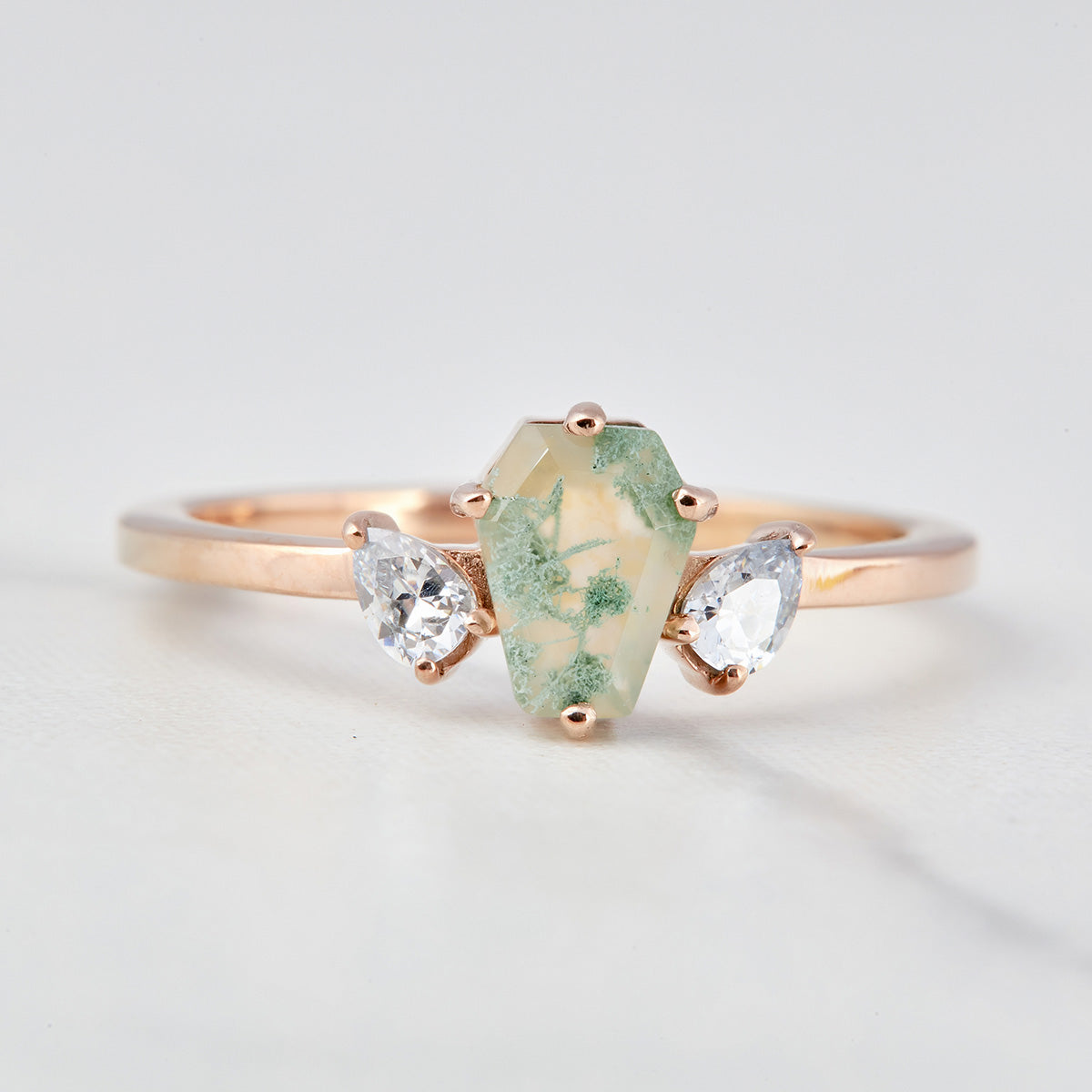 Coffin Moss Agate Engagement Ring Set