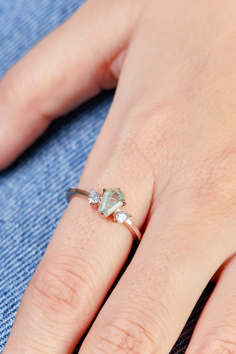 Coffin Moss Agate Engagement Ring Set