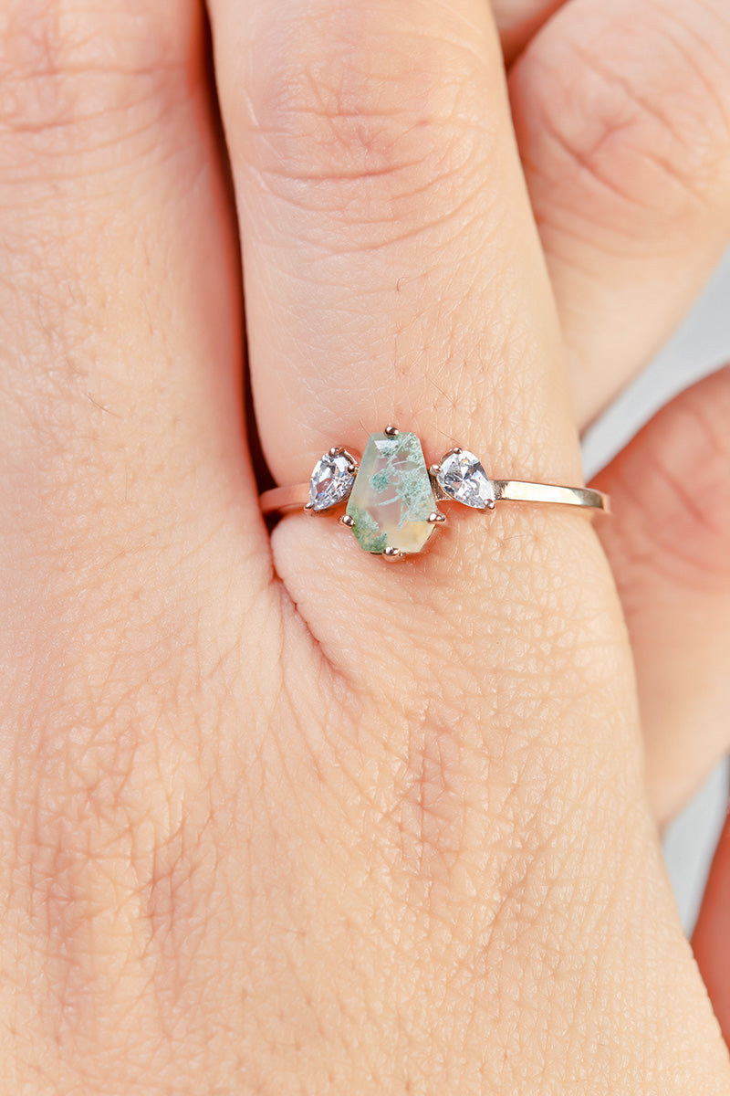 Coffin Moss Agate Engagement Ring Set