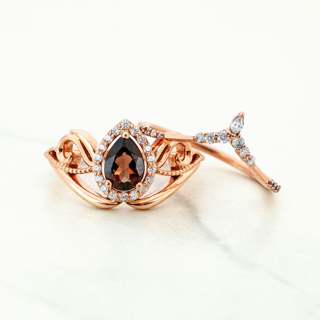 Teardrop Smoky Quartz Vintage Engagement Ring Set Rose Gold