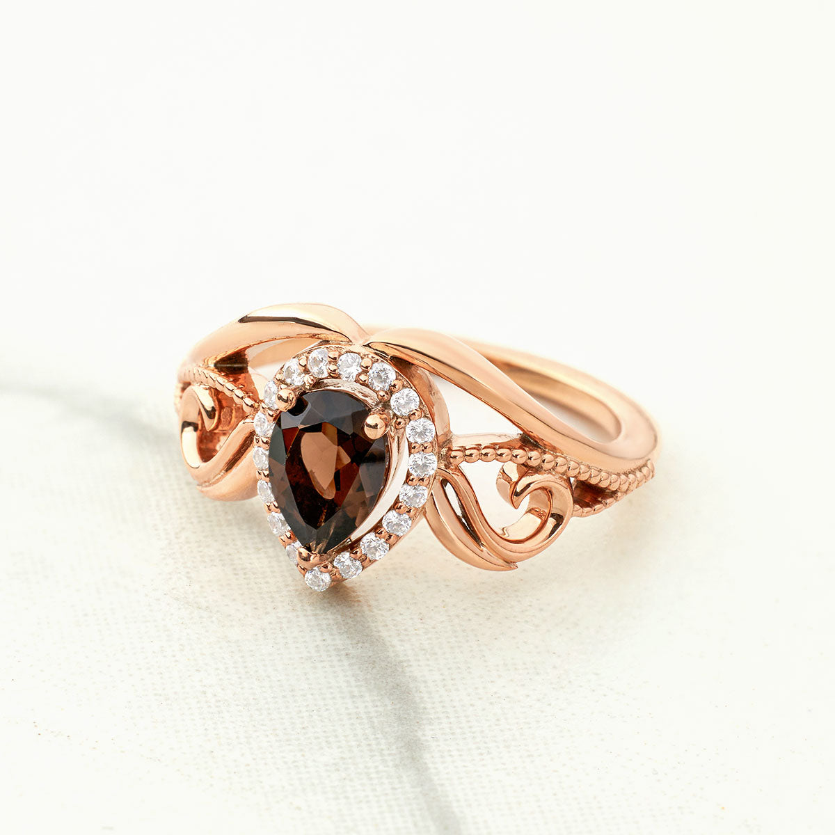 Teardrop Smoky Quartz Vintage Engagement Ring Set Rose Gold