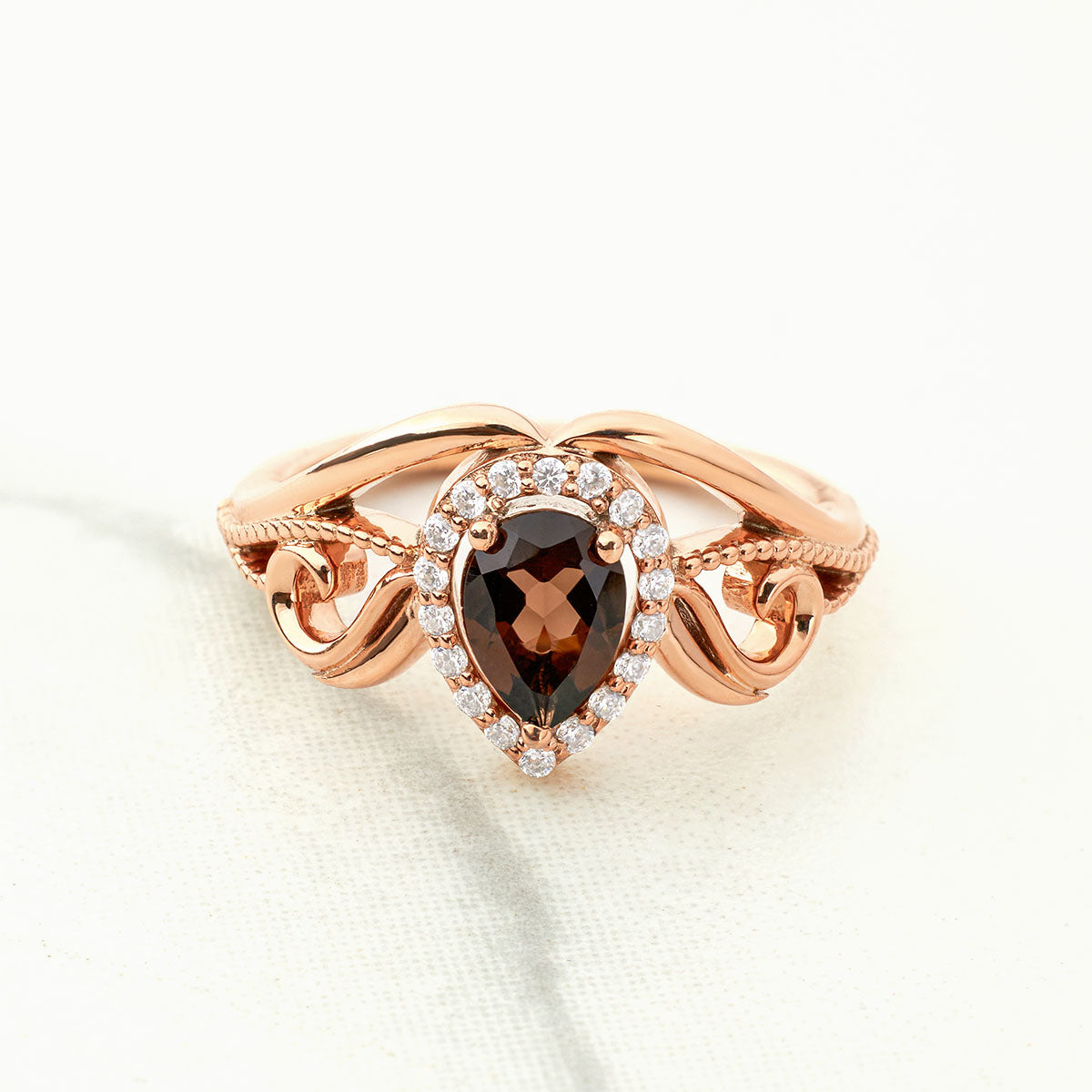 Pear Cut Smoky Quartz Ring Teardrop Brown Gemstone Vintage Engagement Ring Rose Gold