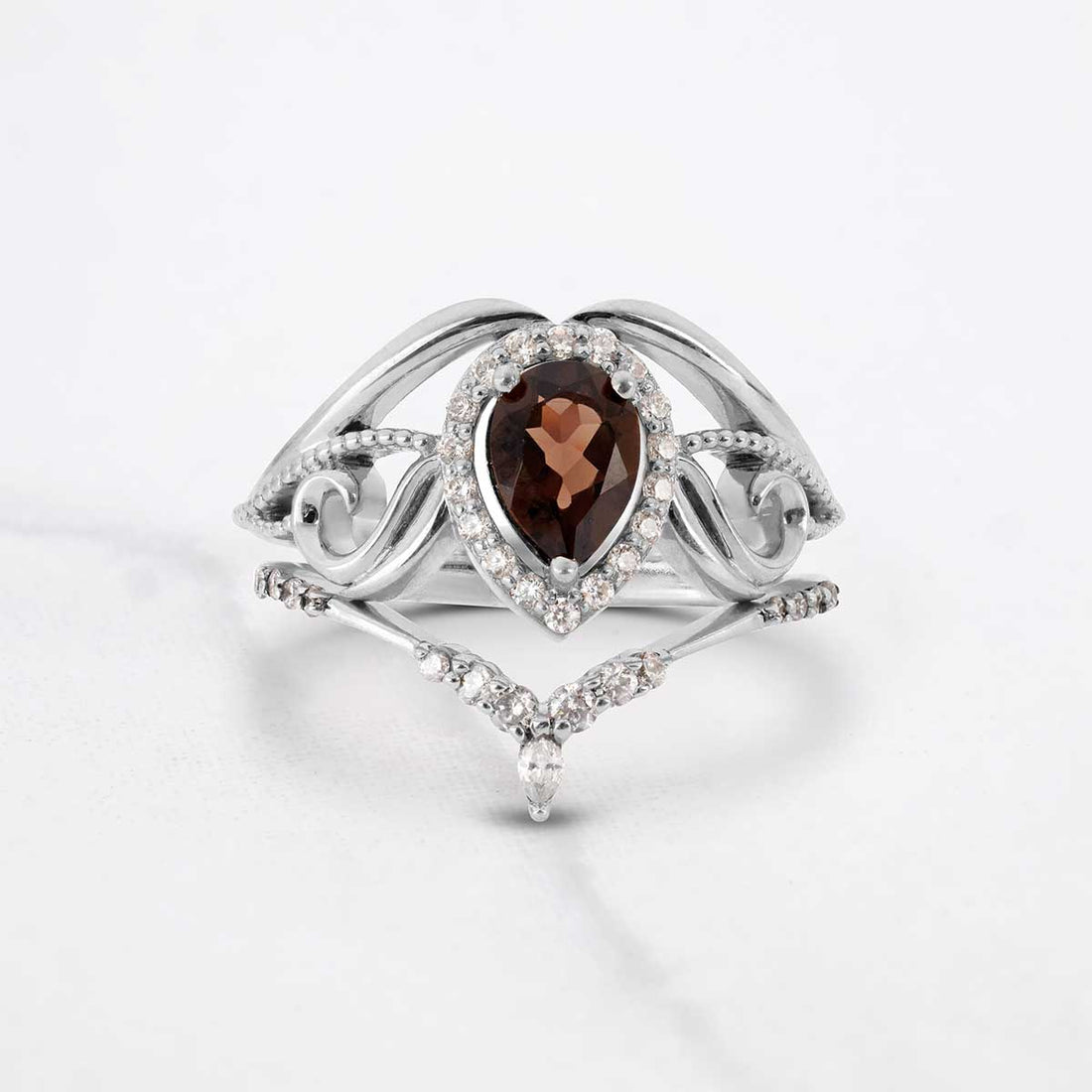 Teardrop Smoky Quartz Vintage Engagement Ring Set Rose Gold