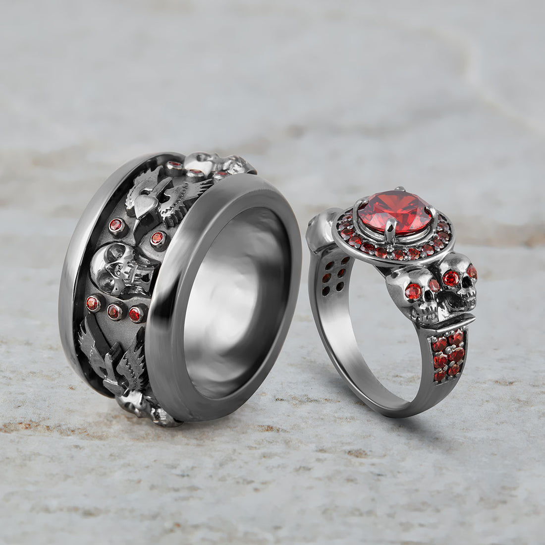 Halo Skull Engagement Ring Set
